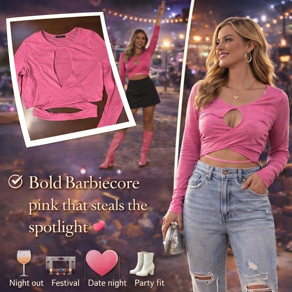 BOLD BARBIECORE 21 Saints Pink Long Sleeve Criss Cross Crop Top  Trendy  SMALL